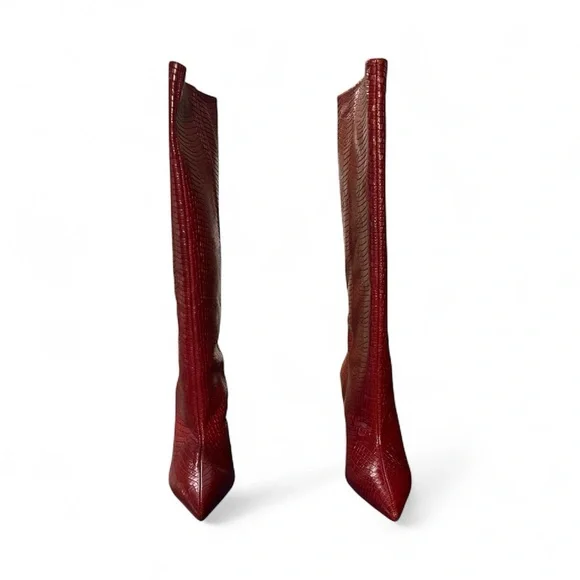 Stuart Weitzman Red Croc-Pattern Heeled Boots - Picture 2 of 8